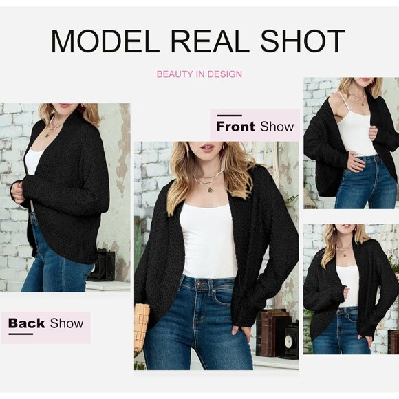 Women's Chunky Knit Cardigan - Open Front Long Sleeve Sweater - Black Size S - Picture 5 of 6